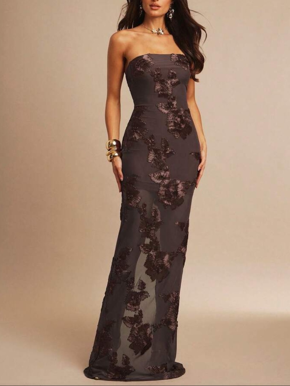 Strapless Coffee Brown Floral AppliquΓ© Evening Gown